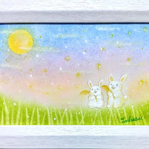 松ぼっくりのパステル画 パステルアート 十五夜うさぎの喜びのお月見 パステル画原画