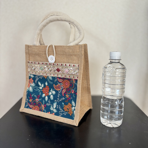 エスニック カーキトートバッグ インドリボン ジュートバッグ インド刺繍 インド刺繍リボン 花柄 秋 エスニック