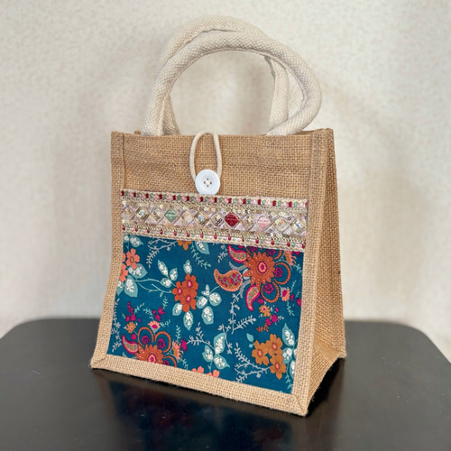 ジュートバッグ インド刺繍 インド刺繍リボン 花柄 秋 エスニック
