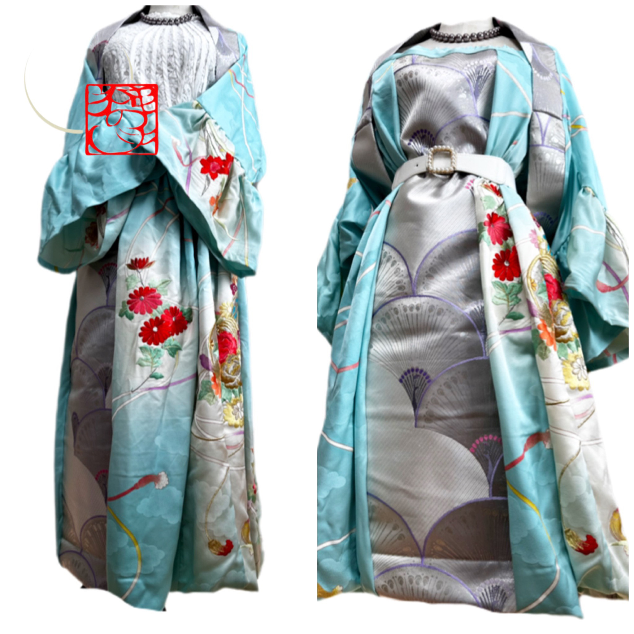 振袖　着物リメイク　セットアップ　アンサンブル　スーツ　ワンピースにもなるバルーンスカート＆ボレロ　総刺繍花水色×帯