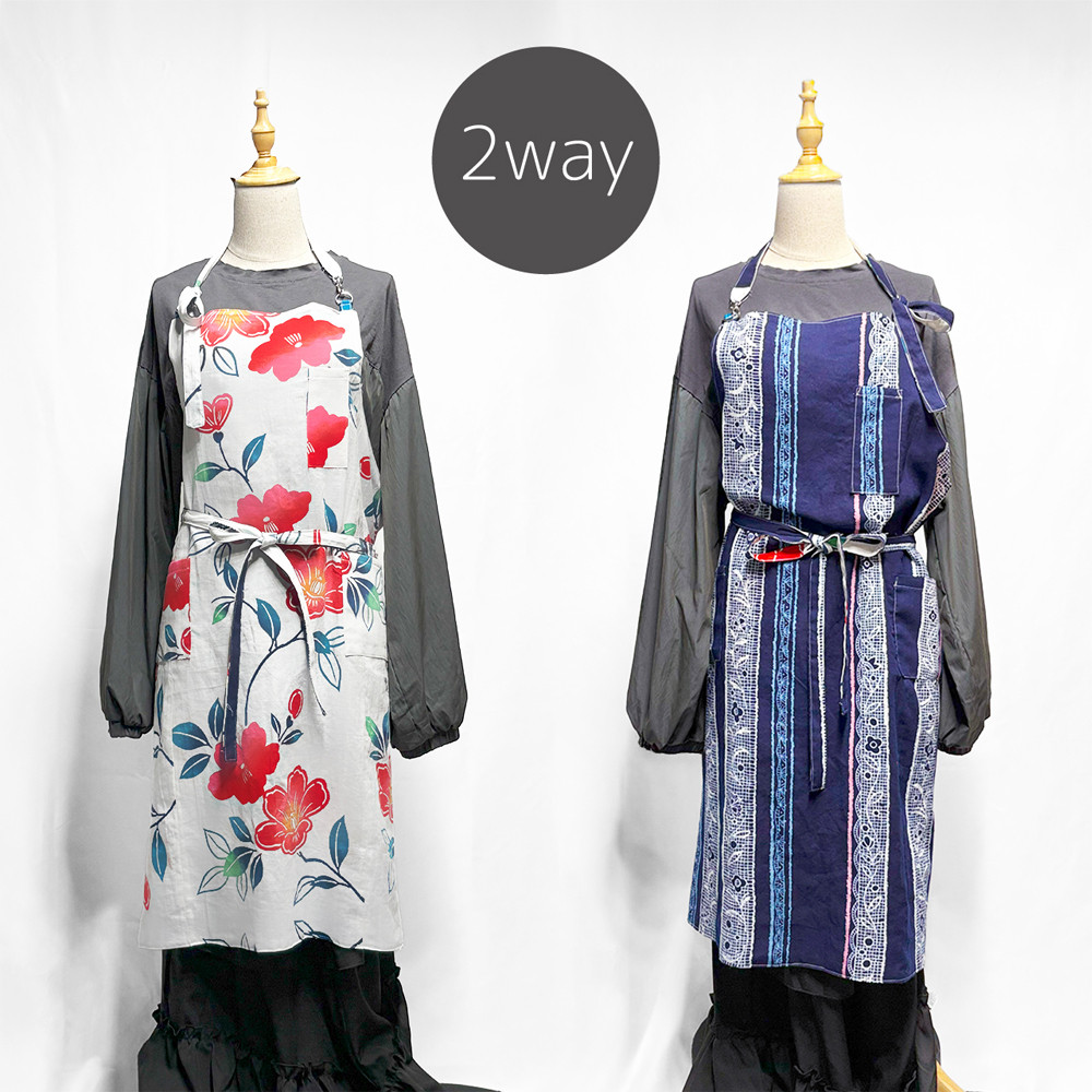 【着物リメイク】ゆったりサイズのリバーシブルエプロン 一点物 大きいサイズ①
