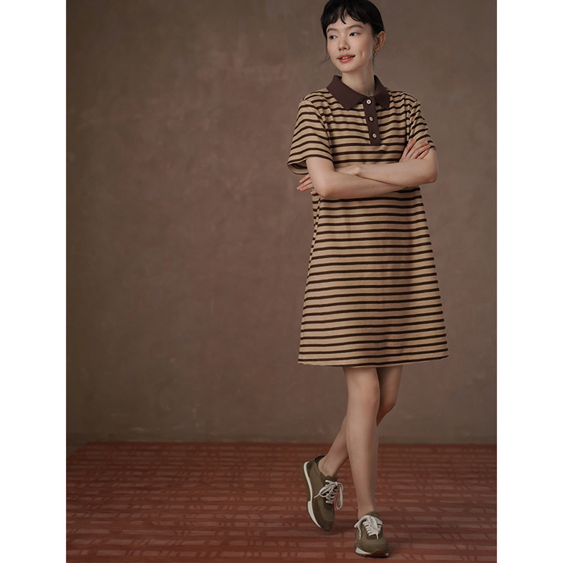 ボーダー柄ワンピース　POLO襟ワンピース　コットン混紡　S-XL#743