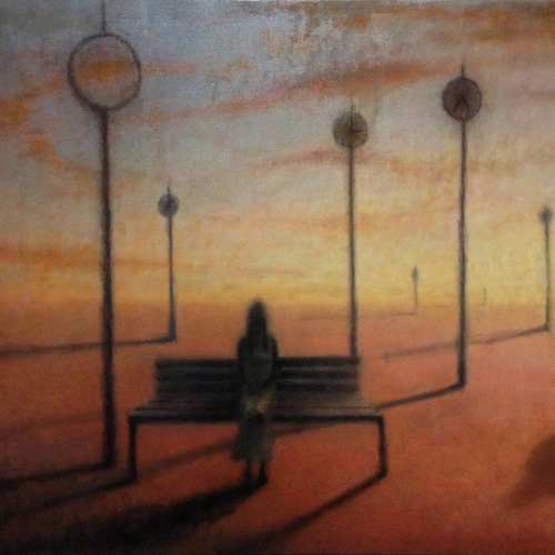 直径30㎝「画家の家の上空1」油彩・絵画・原画・丸形・アートパネル