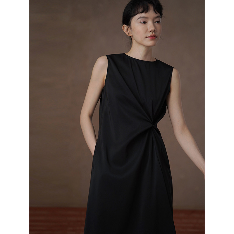 ねじった立体ウエストワンピース　ブラックノースリーブワンピース　S-XL#744