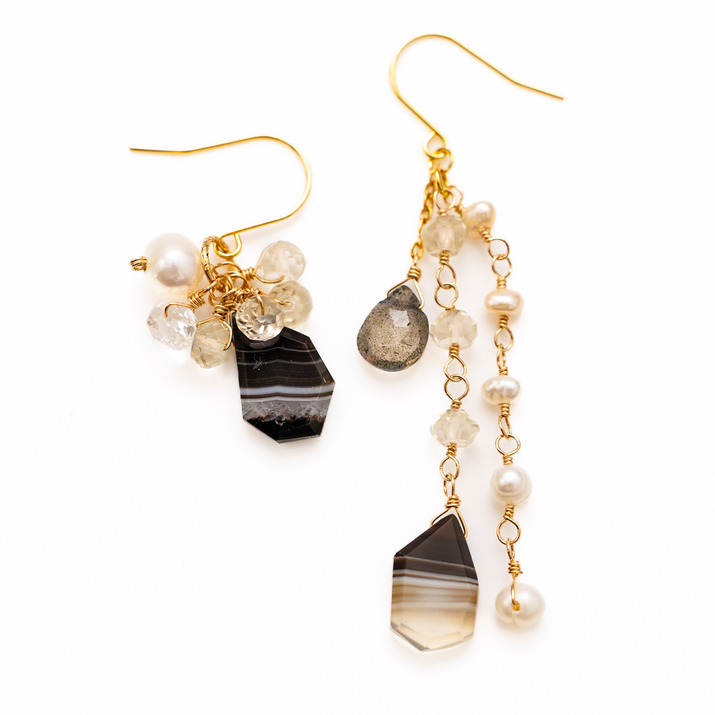 ブラウンバンテッドアゲート 淡水パール ラブラドライト 水晶 パーキマーダイヤモンド ピアス イヤリング