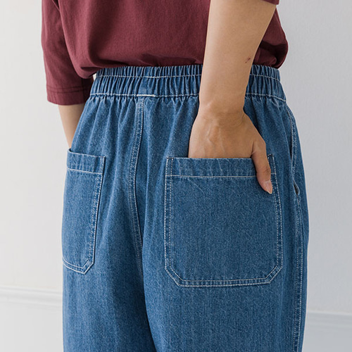 ウエスト総ゴム 楽ちん コットン9ozデニム コクーンパンツ ロング