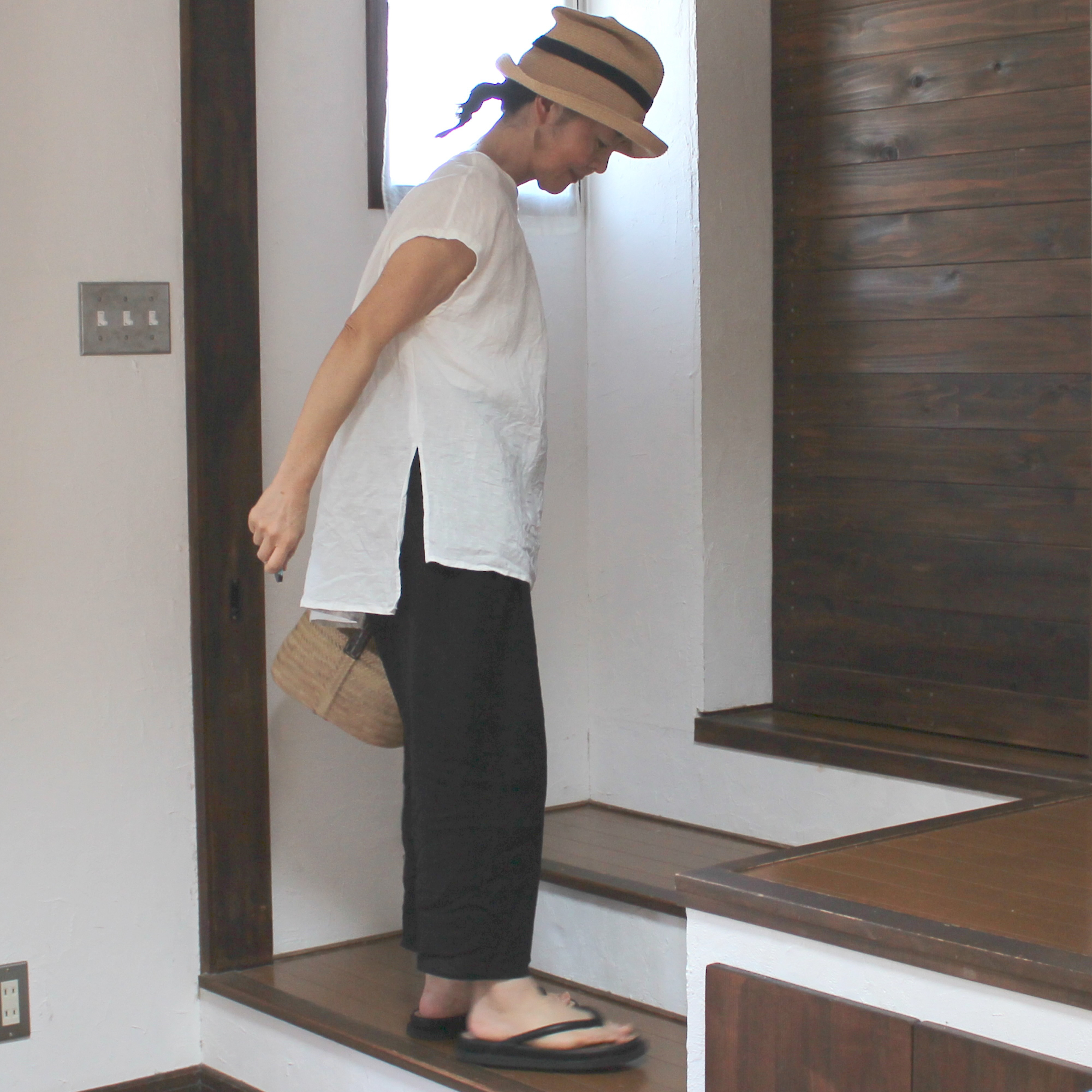 ワッシャーリネン　フレンチスリーブワイドブラウス　ホワイト