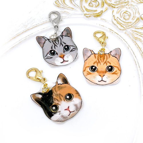 猫 顔 ストラップチャーム アメリカンショートヘア 三毛 ネコ 茶トラ
