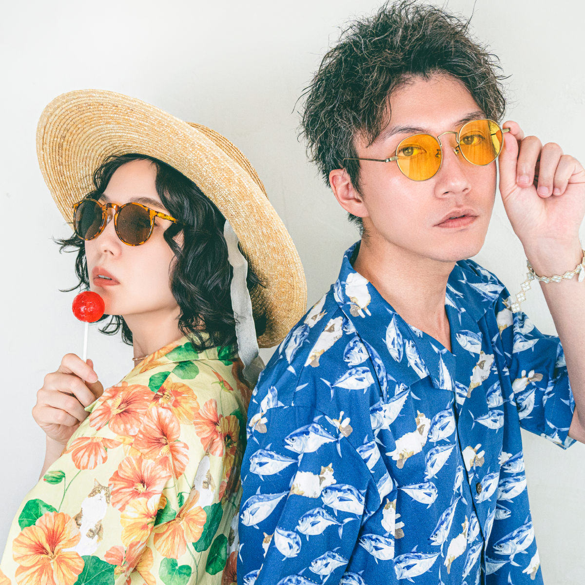 猫柄オープンシャツ／オリジナルプリントアロハシャツ