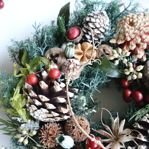 完売❤️グリーンモスとシャリンバイと天然木の実達の華やかXmasリース