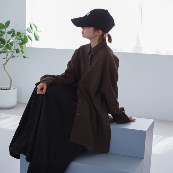 大人のシアーワッシャーブラウス ブラウン 体型カバーにも(長袖シャツ) 3枚目の画像