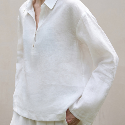 100%リネン】Vネック 半開襟シャツ 秋 長袖 上品 大人カジュアル