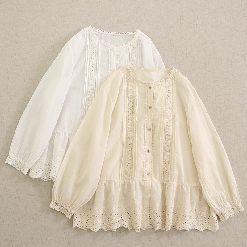 【レース★コットンシャツ★刺繡】インナー│バルーンスリーブ│森ガール風トップス│パジャマ│部屋着│T-26LB