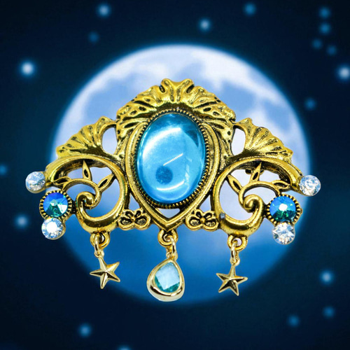 光の余韻】 チェコガラスブローチ クリアスカイブルー ゴールド金具