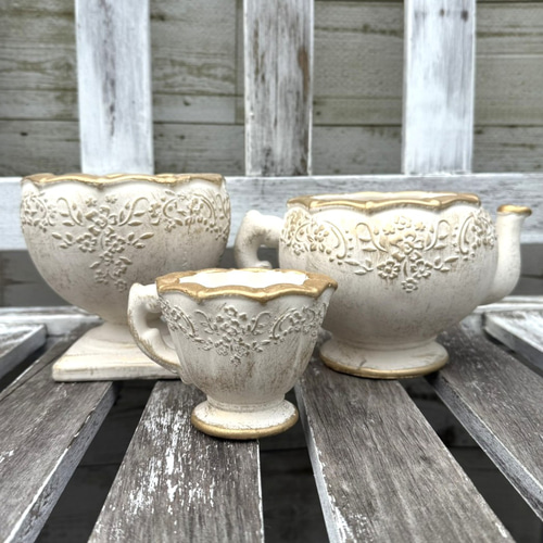 ティーポット ティーカップ ゴールド アイボリー 植木鉢 鉢 セメント