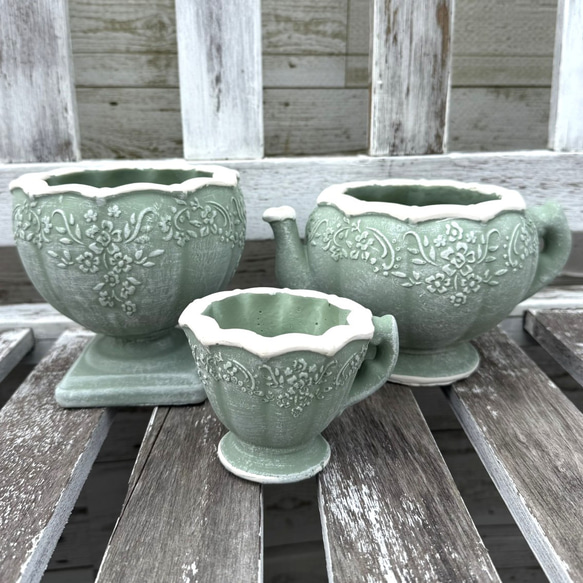 ティーポット ティーカップ グリーン 植木鉢 鉢 セメント プランター