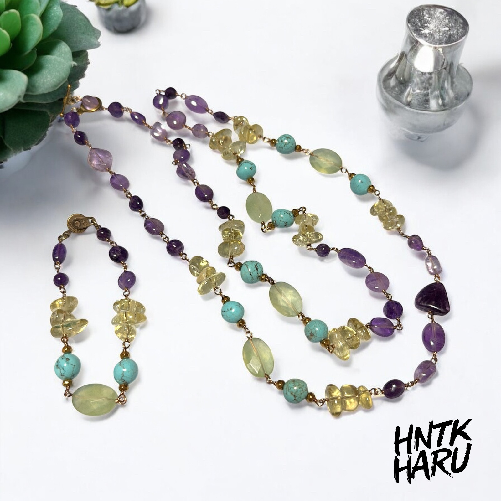 HNTK アメジスト＆レモンクォーツロングネックレス＆ブレスレットセット　N0776