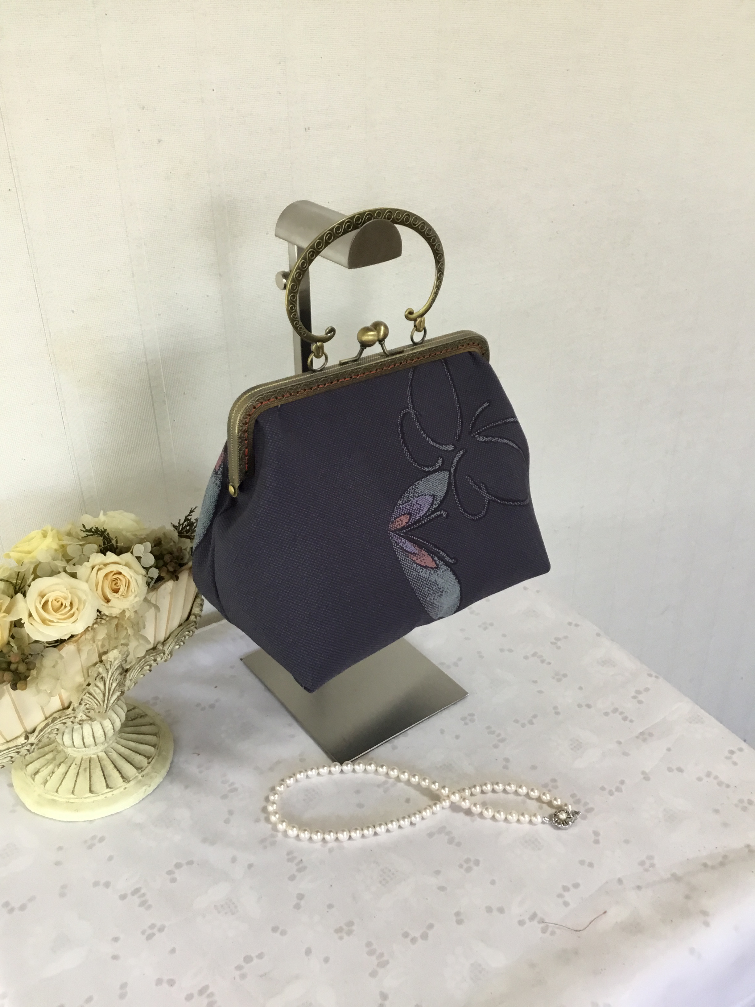 花ぷらら・オリジナル・コロンとがま口バック・ハンドメイド・リメイク・着物・カバン・2Way・ちょっと小さめ・455