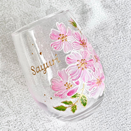 べットサイド　ウォ-タ-ポット&グラス(花柄手書き) 佐々木ガラス クリームオレンジの花柄グラス 手書き風