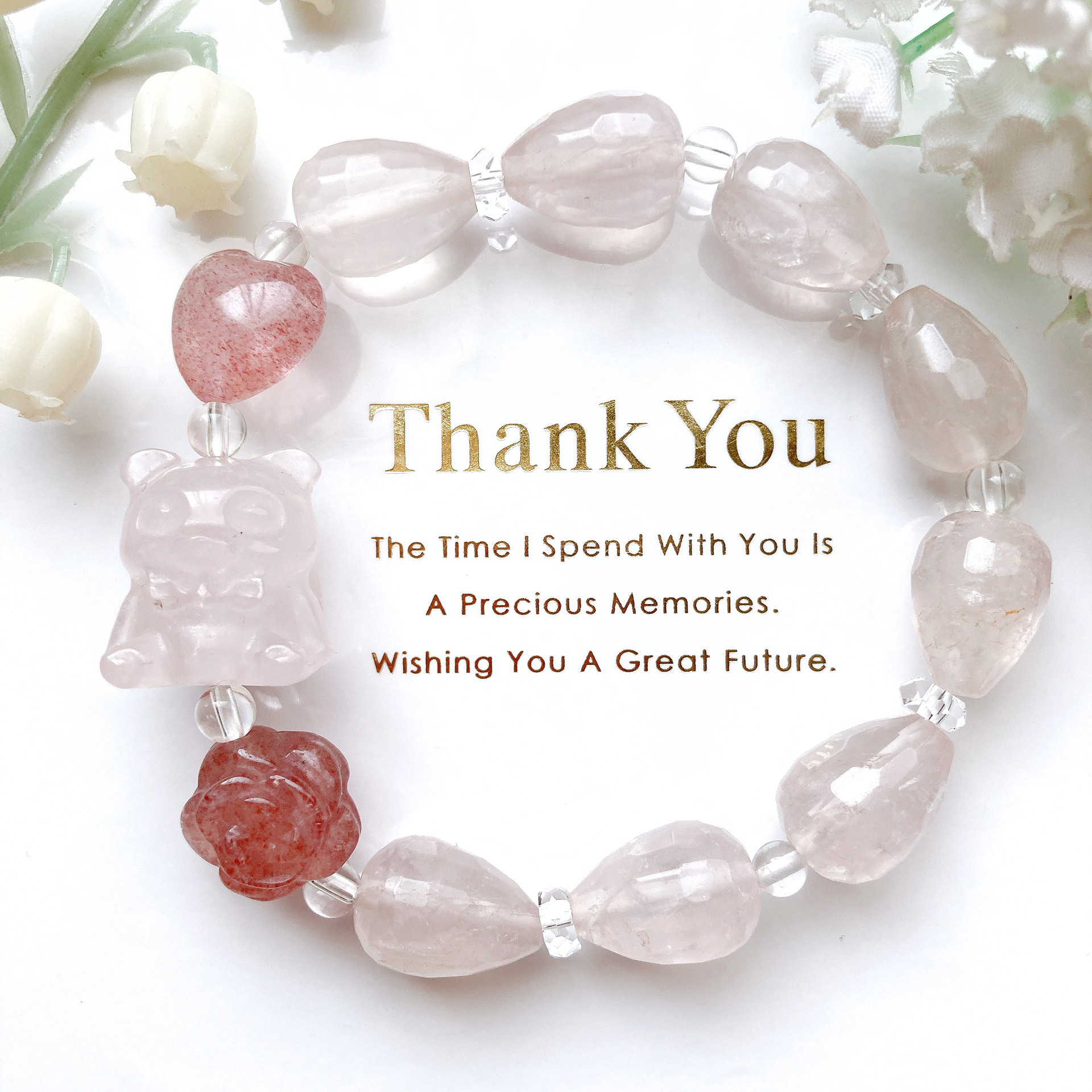 ローズクォーツくまちゃんリボン天然石ブレスレット