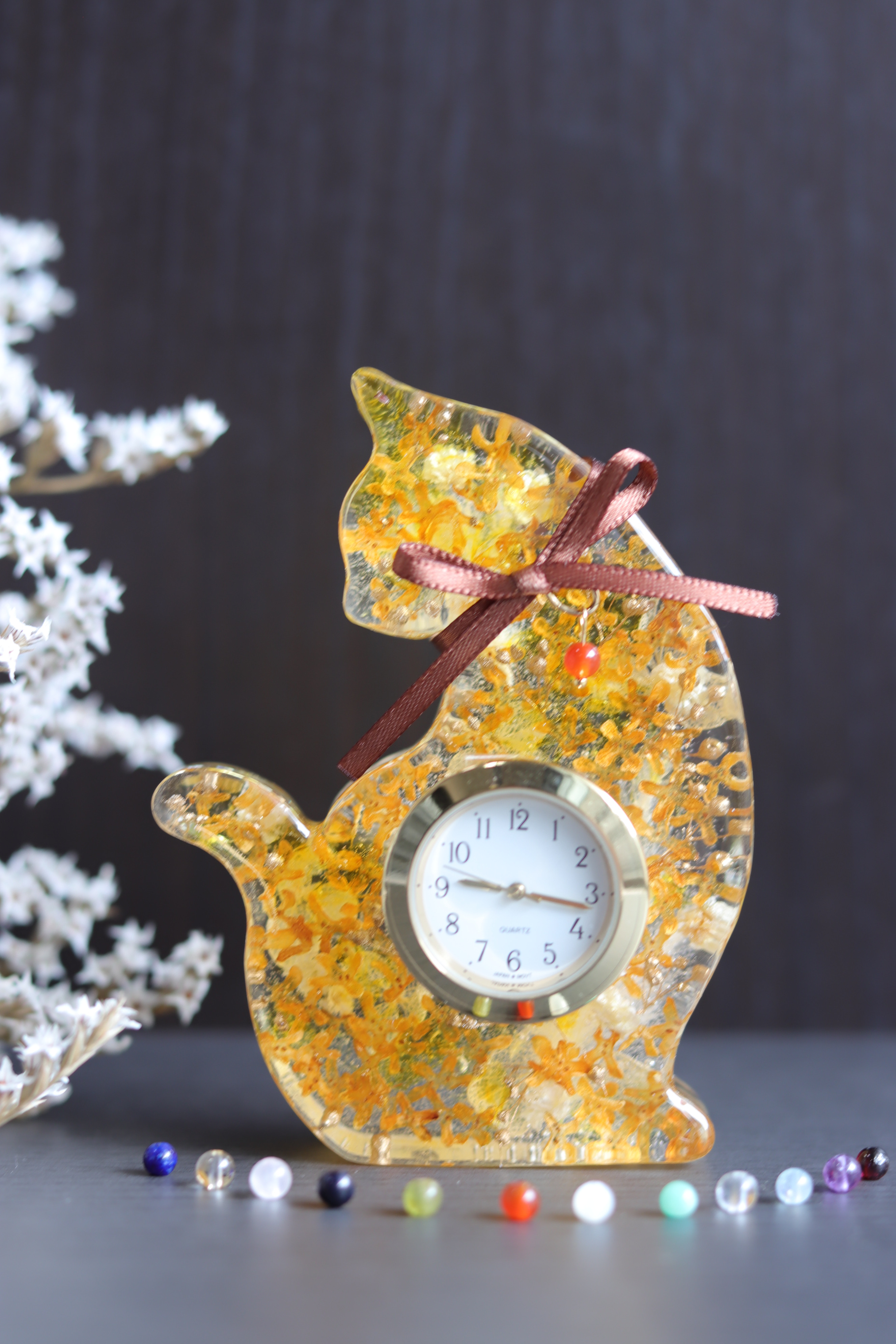 【選べる誕生石】猫さんの“金木犀とシトリン”水中花の花時計＊プリザーブド&ドライフラワー＊受注製作