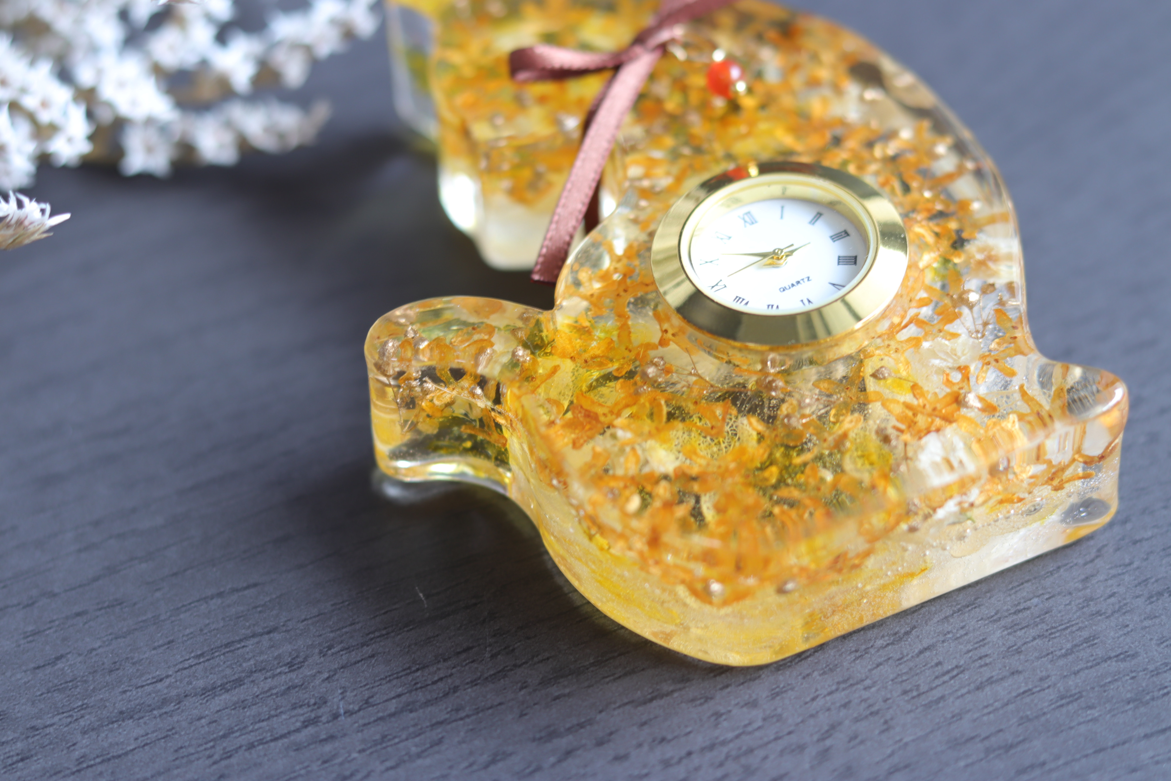 【選べる誕生石】猫さんの“金木犀とシトリン”水中花の花時計＊プリザーブド&ドライフラワー＊受注製作