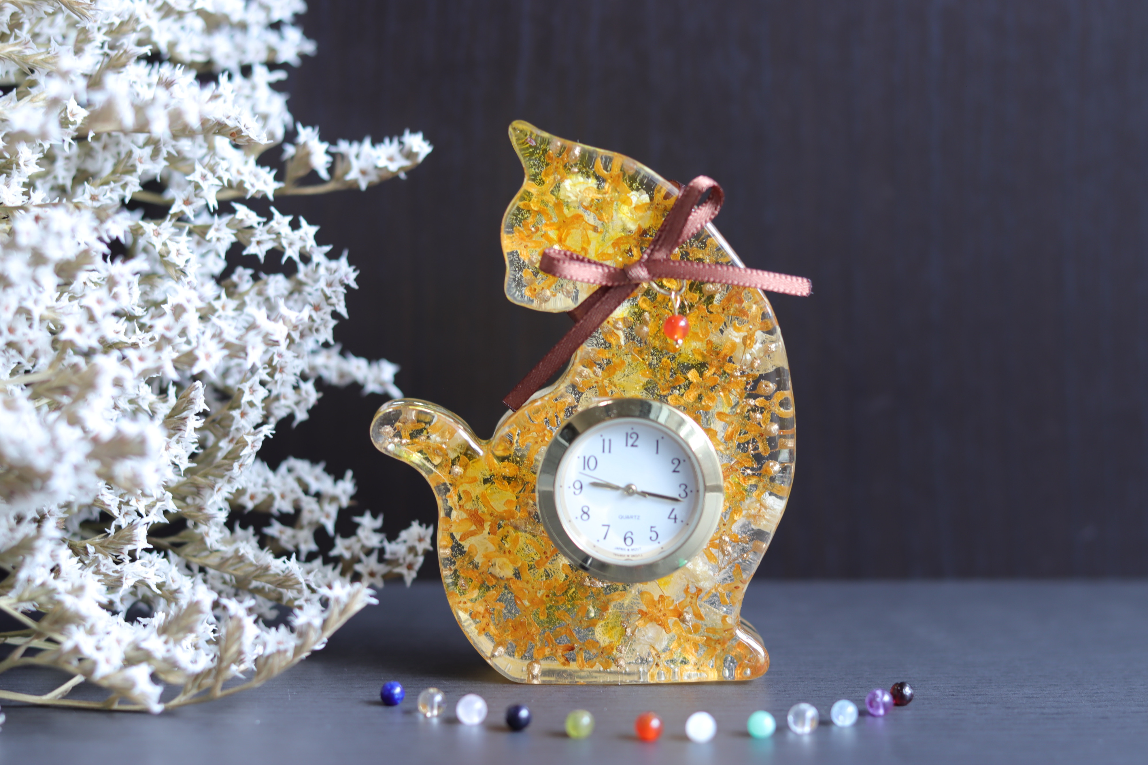 【選べる誕生石】猫さんの“金木犀とシトリン”水中花の花時計＊プリザーブド&ドライフラワー＊受注製作