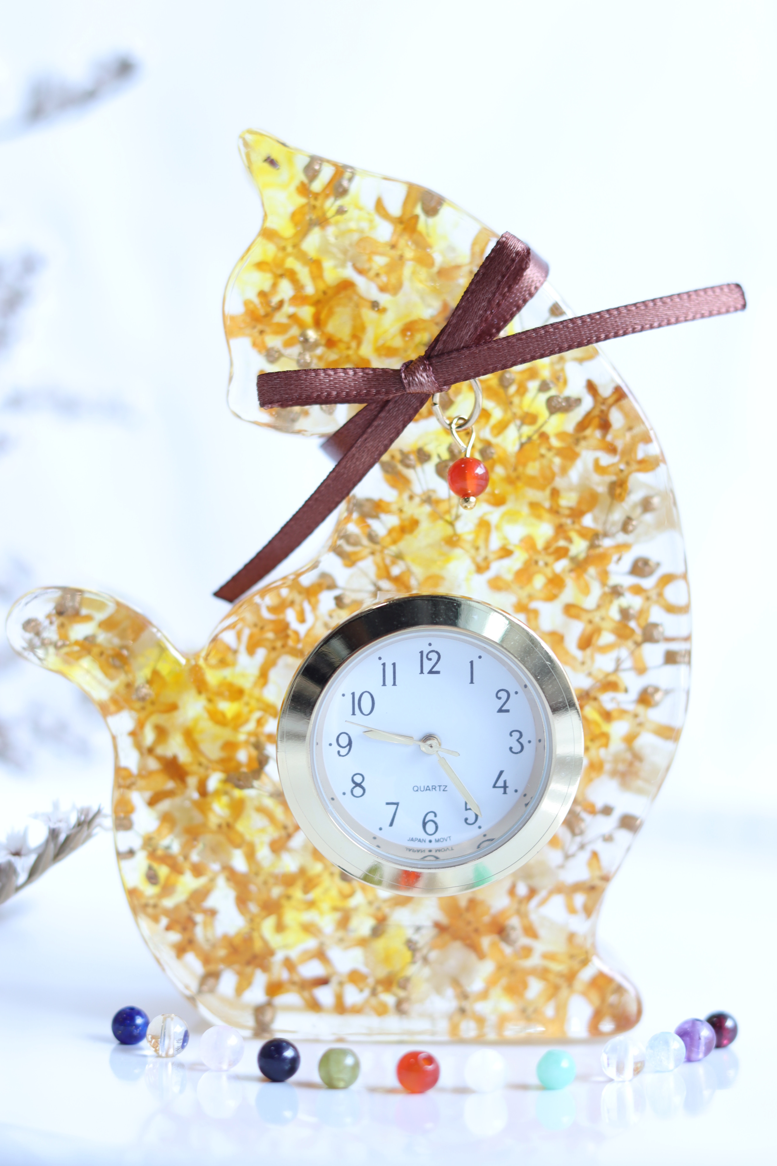 【選べる誕生石】猫さんの“金木犀とシトリン”水中花の花時計＊プリザーブド&ドライフラワー＊受注製作