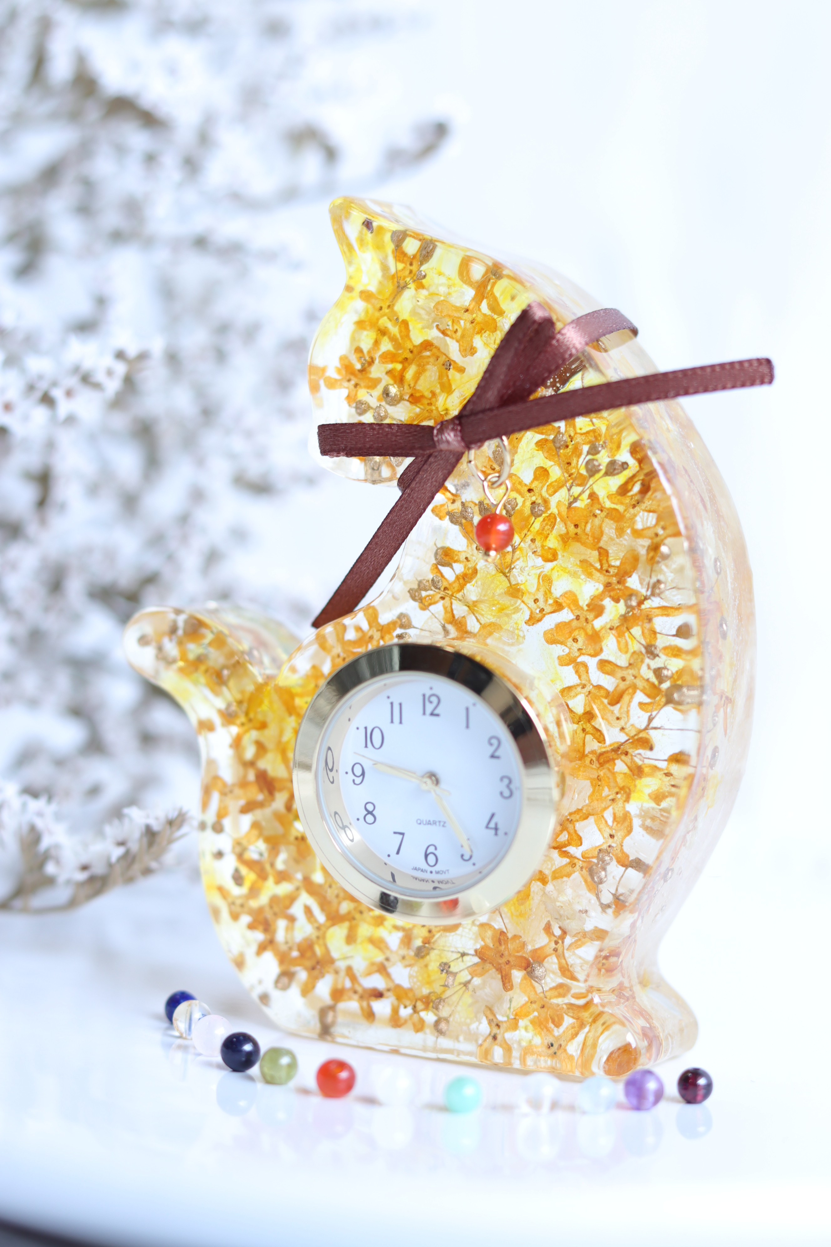 【選べる誕生石】猫さんの“金木犀とシトリン”水中花の花時計＊プリザーブド&ドライフラワー＊受注製作