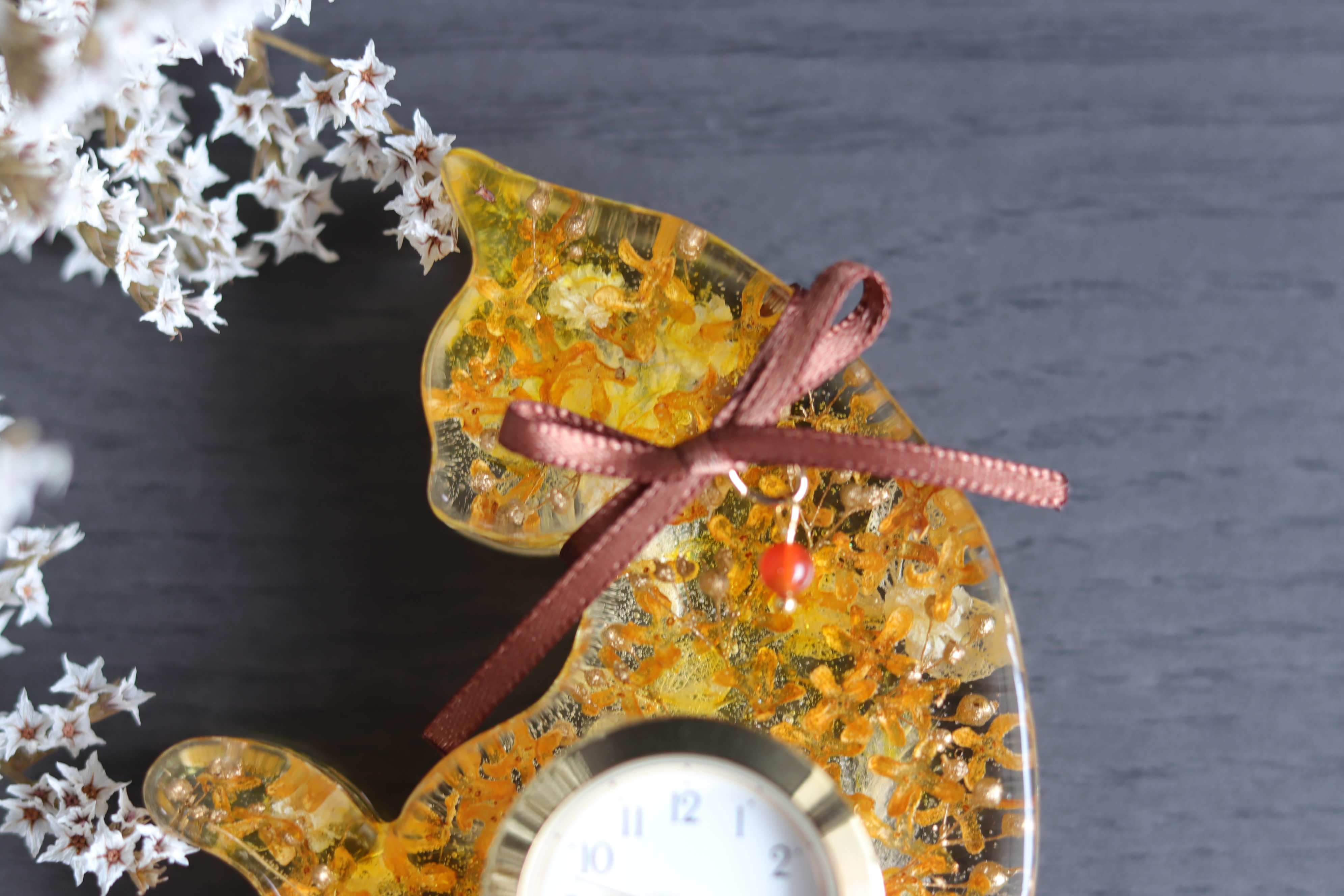 【選べる誕生石】猫さんの“金木犀とシトリン”水中花の花時計＊プリザーブド&ドライフラワー＊受注製作