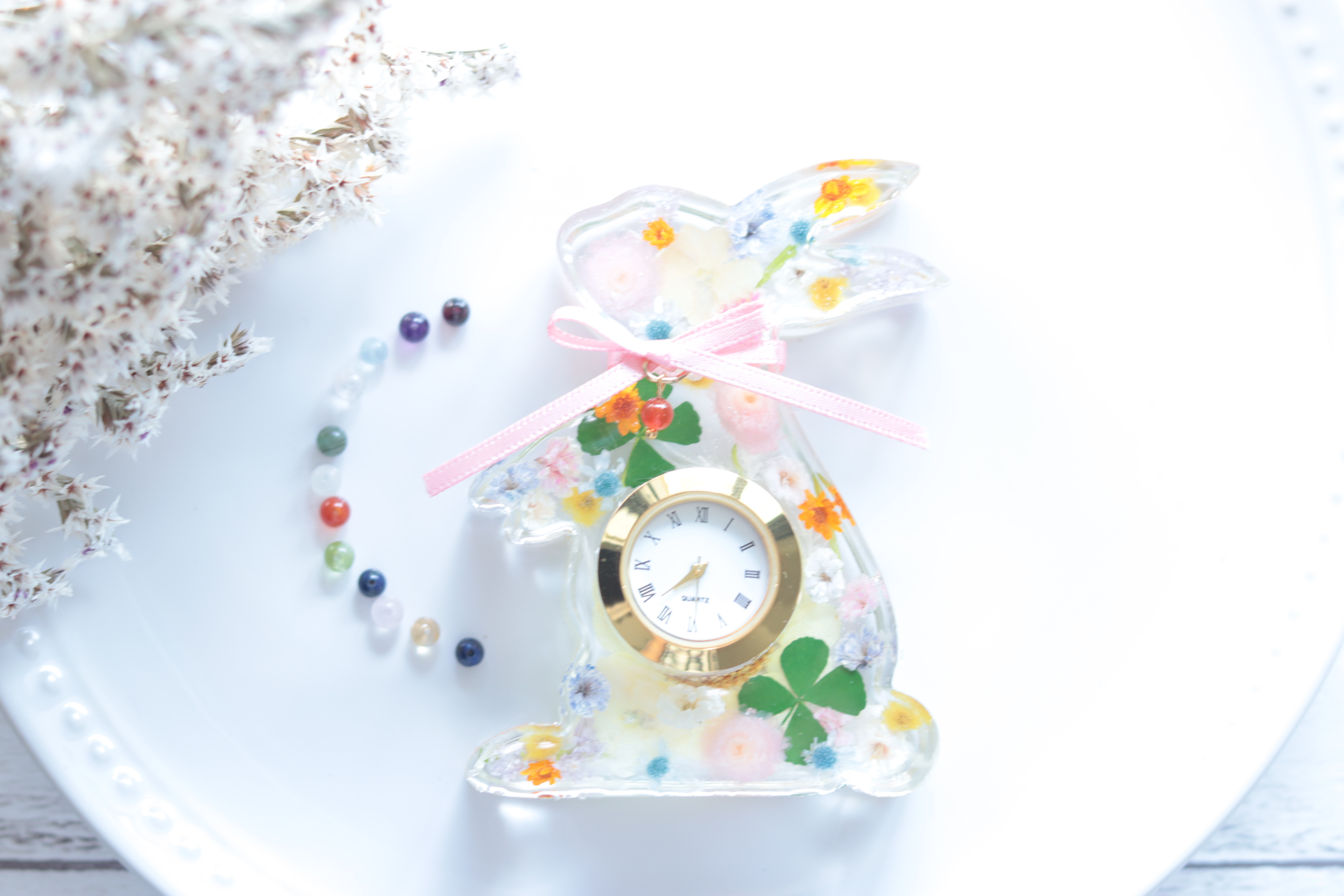 【選べる誕生石】猫さんの“金木犀とシトリン”水中花の花時計＊プリザーブド&ドライフラワー＊受注製作