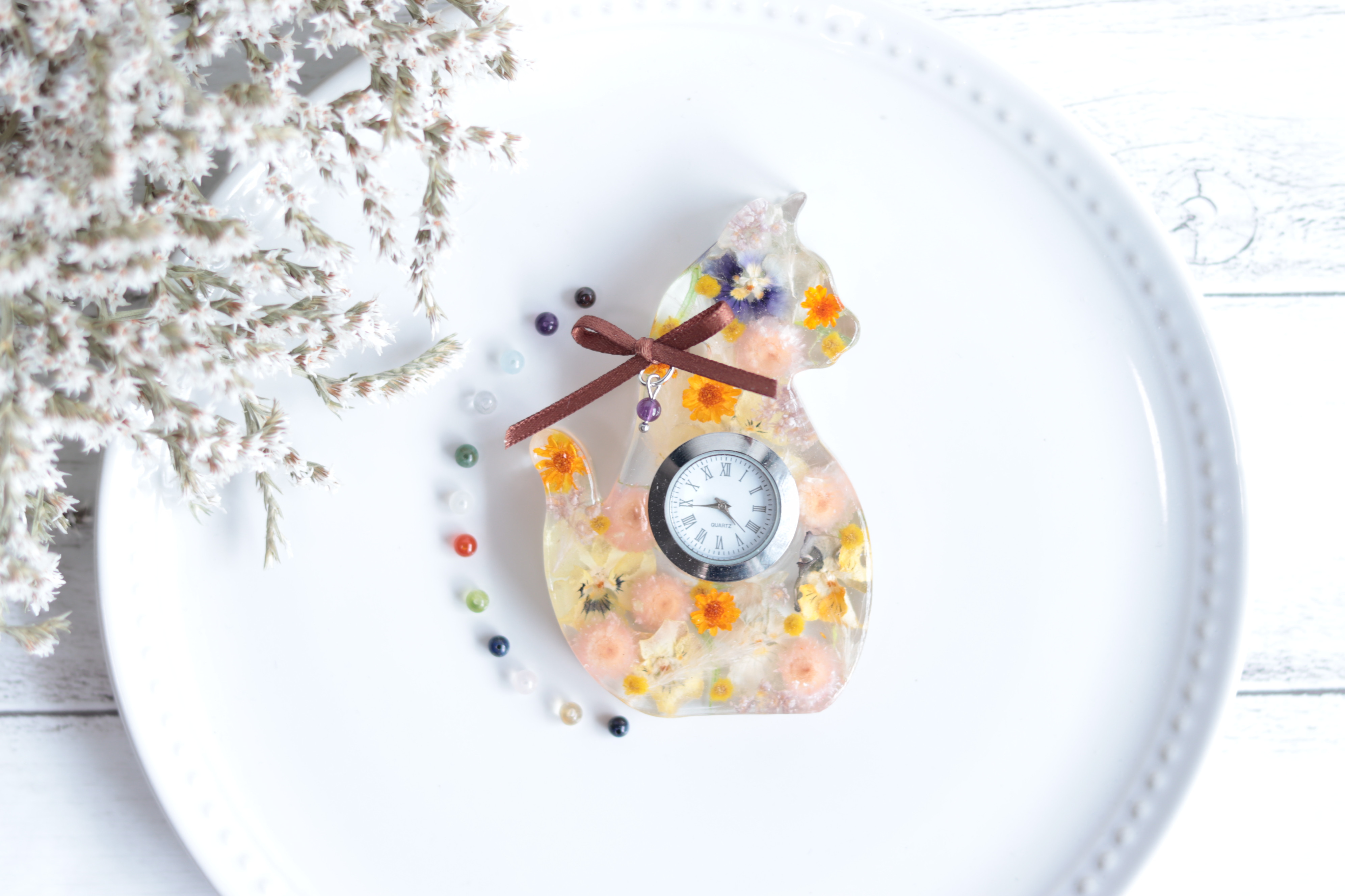 【選べる誕生石】猫さんの“金木犀とシトリン”水中花の花時計＊プリザーブド&ドライフラワー＊受注製作