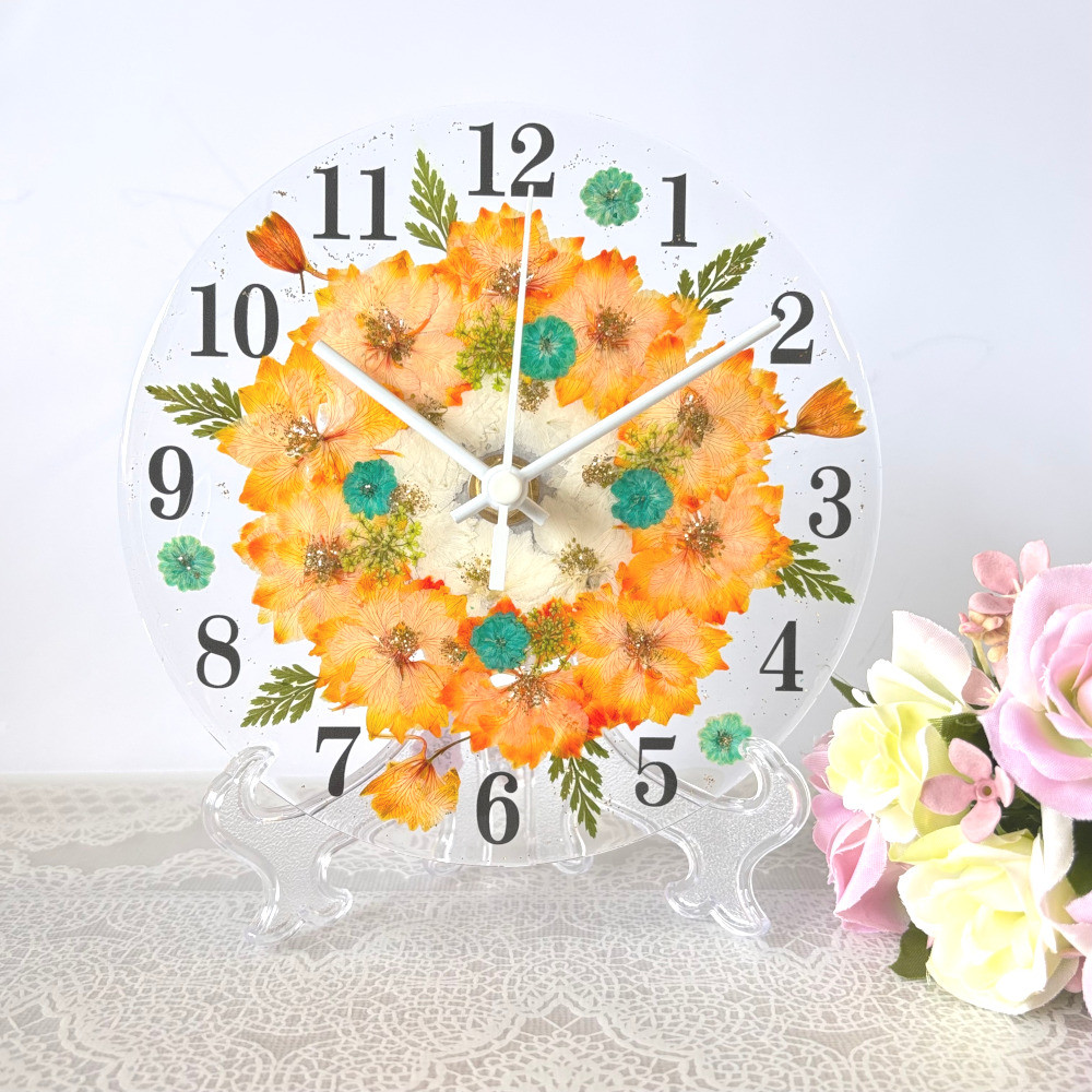 【ギフト】押し花 花時計 【フラワーサークル・オレンジ】 φ15cm ハンドメイド ギフト ボックス入り