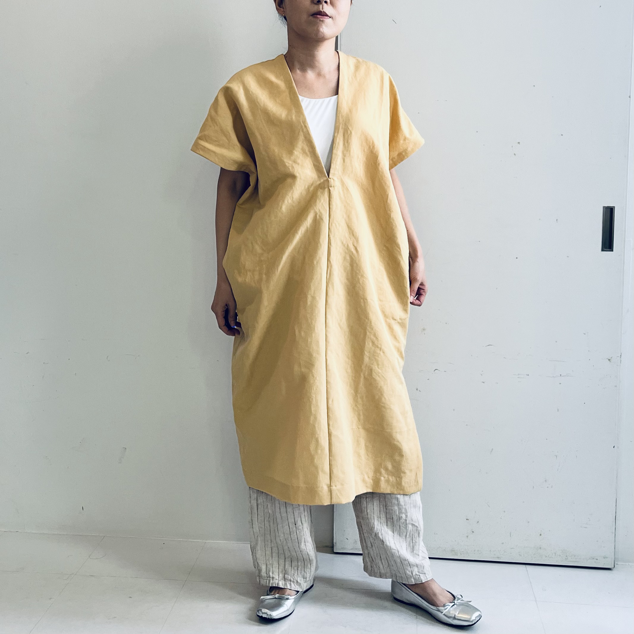 コットンリネン貫頭衣ワンピース(カスタード)