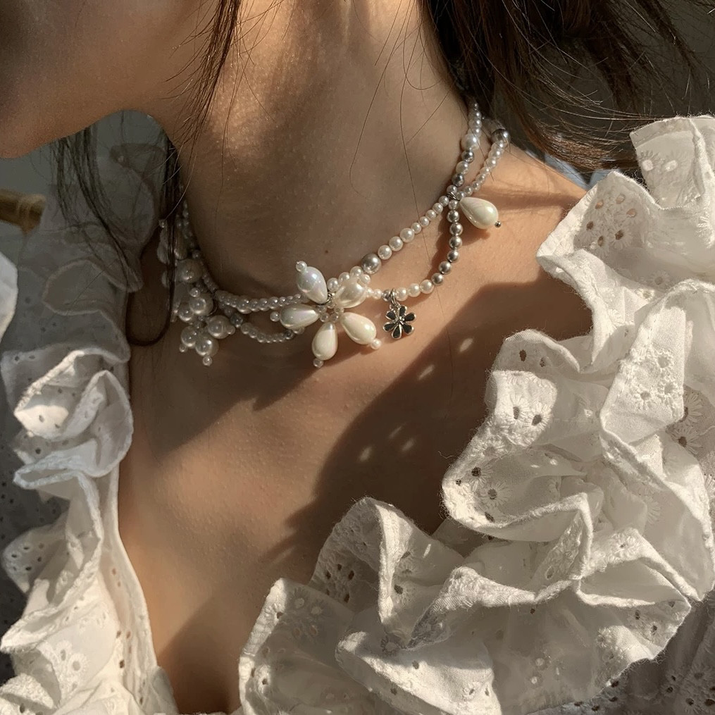 白薔薇パール × ビーズハンドメイドネックレス