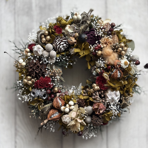 アンティーク調 リース ギボシの葉とオクラの実 ドライフラワーリース