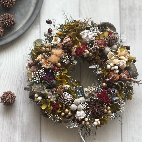 【オトナリース】アンティークオレンジカラーのシックなリース シックな秋色のリース アンティークカラー/アジサイ/実/ゴールド