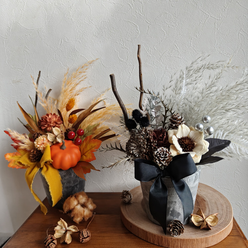グレー×ブラックの木の実アレンジメント 秋冬新作2025 ハロウィン