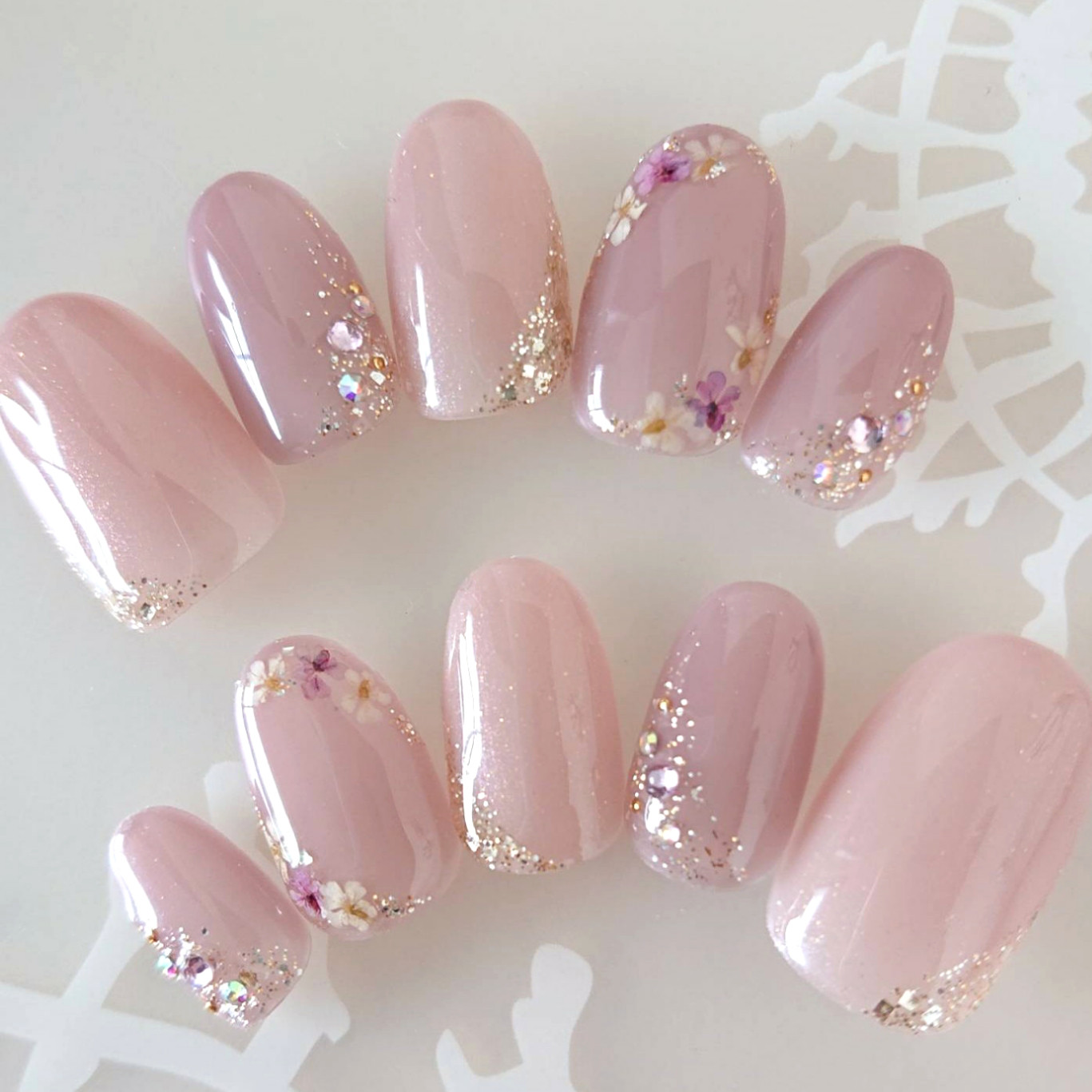 上品押し花ネイル/成人式ネイル/お呼ばれネイル/ネイルチップ/結婚式/前撮りネイル/付け爪/Ｊ245