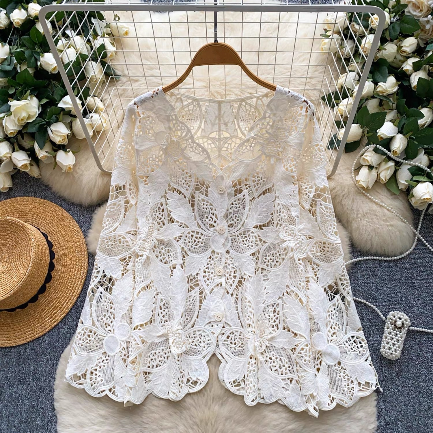 トップス カーディガン 透かし編み レディース