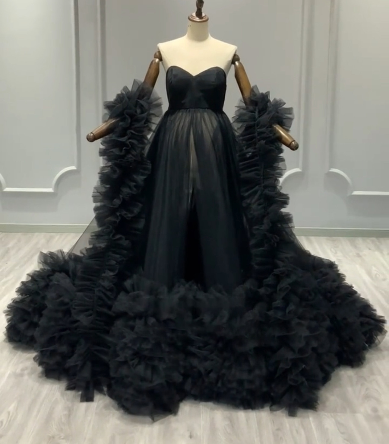 激売れ人気商品　マタニテxー妊娠ドレス　ブラック黒　取り外し可能オーバースカート　ロングトレーン　優雅　記念写真スタジオ