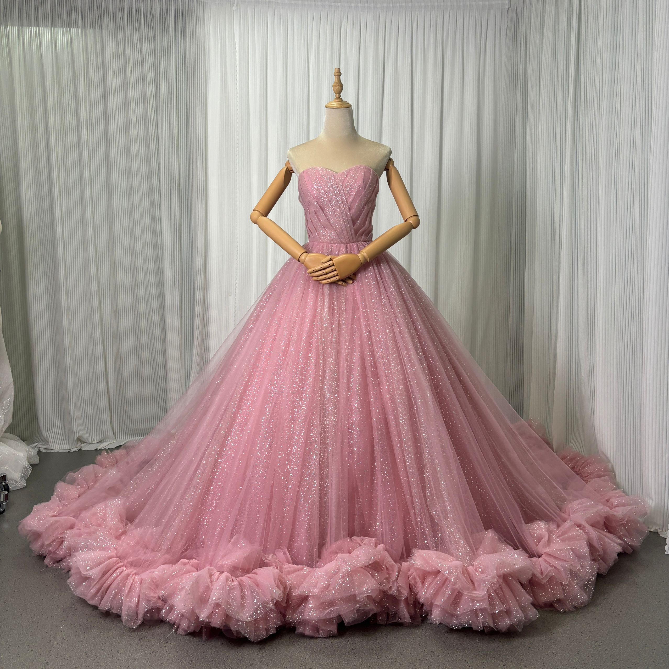 送料無料！カラードレス ピンク ビスチェドレス キラキラチュール リボントレーン ブライダル 結婚式