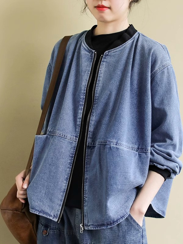 レディース長袖デニムスタジャン風ショートジャケット