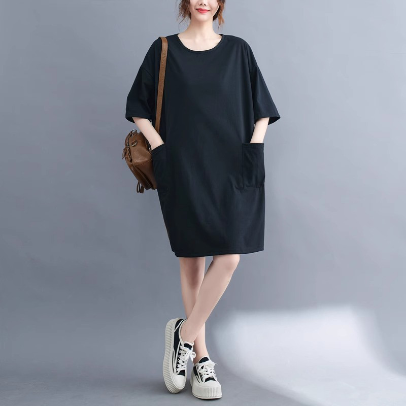 レディース半袖綿ミディ丈ポケット付きワンピース