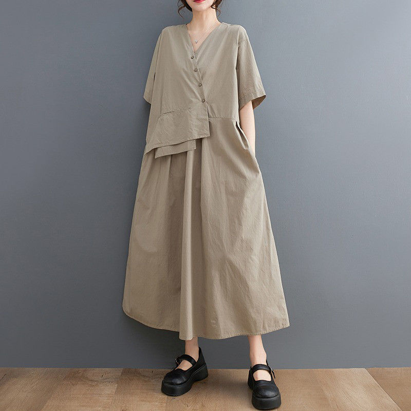 レディース半袖綿切り替えアシンメトリーワンピース