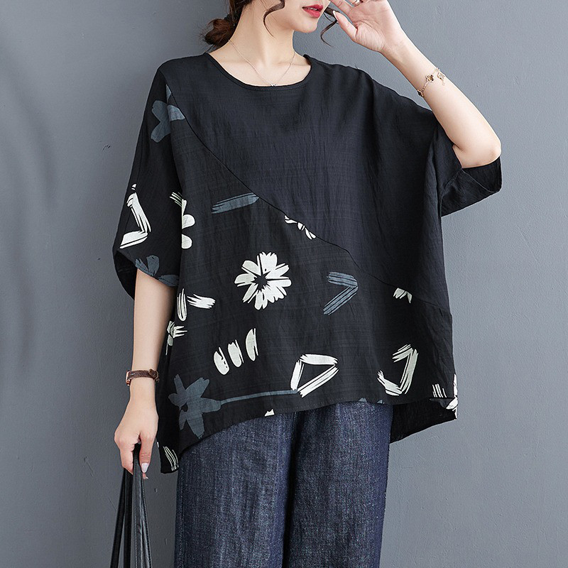 レディース半袖綿切り替え花柄アシンメトリートップス