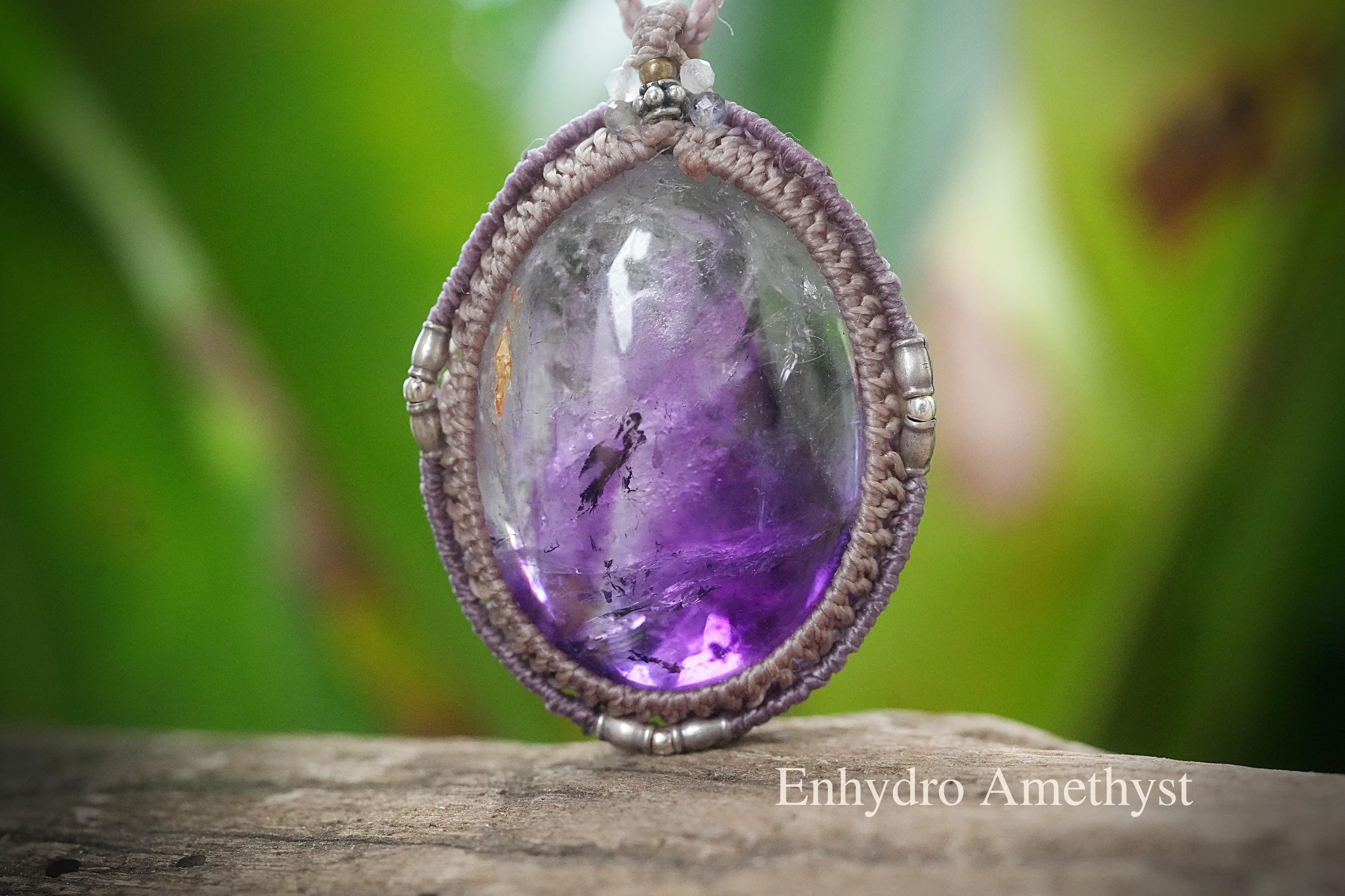 大粒★水入り水晶アメジスト マクラメネックレス2094