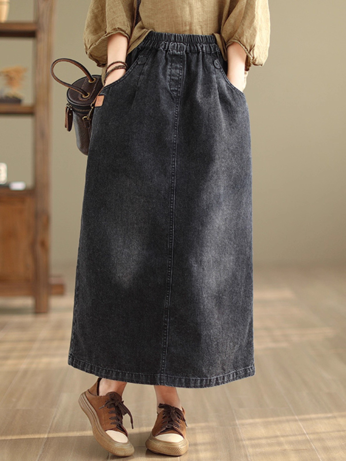 レディーススカートデニムウエストゴムウォッシュドスリットロングスカート