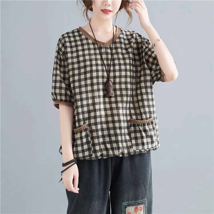 レディース半袖綿麻Vネックチェック切り替えTシャツ