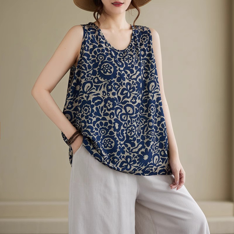 レディースノースリーブ綿花柄タンクトップTシャツ